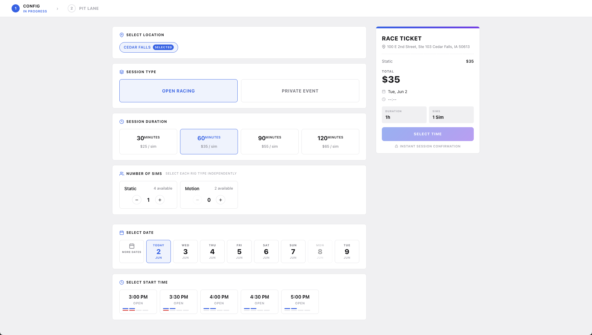 SimPaddock booking wizard showing session type selection, duration options, date picker, and available time slots