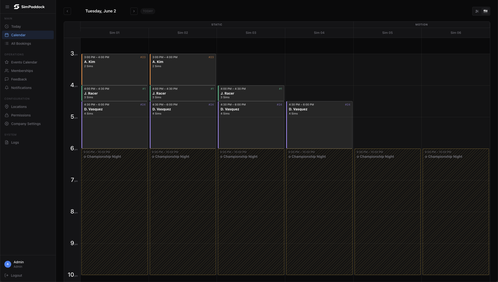 SimPaddock calendar view showing all simulator rigs with live bookings and a Championship Night event block