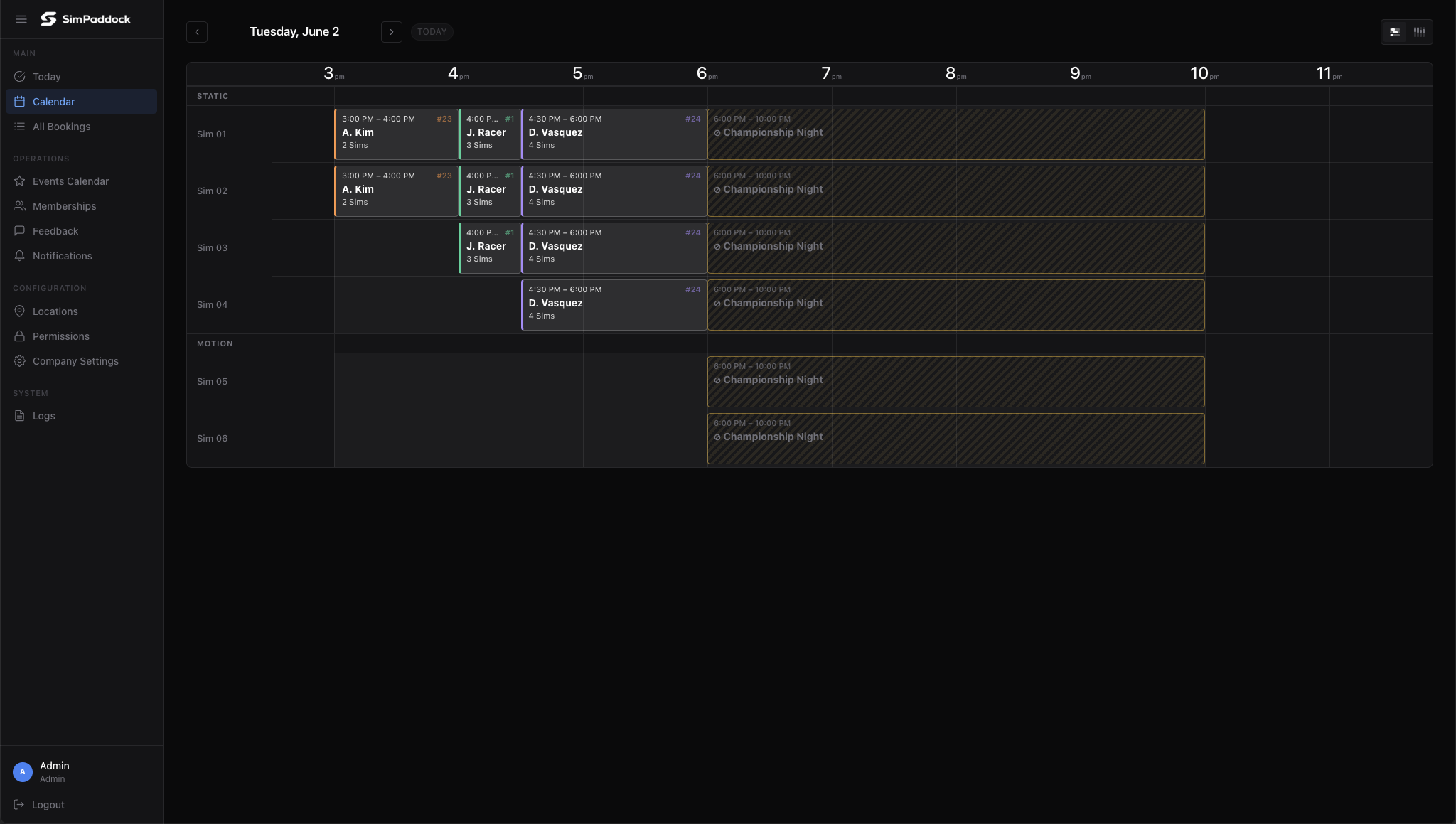 SimPaddock calendar showing bookings across multiple sims by rig row
