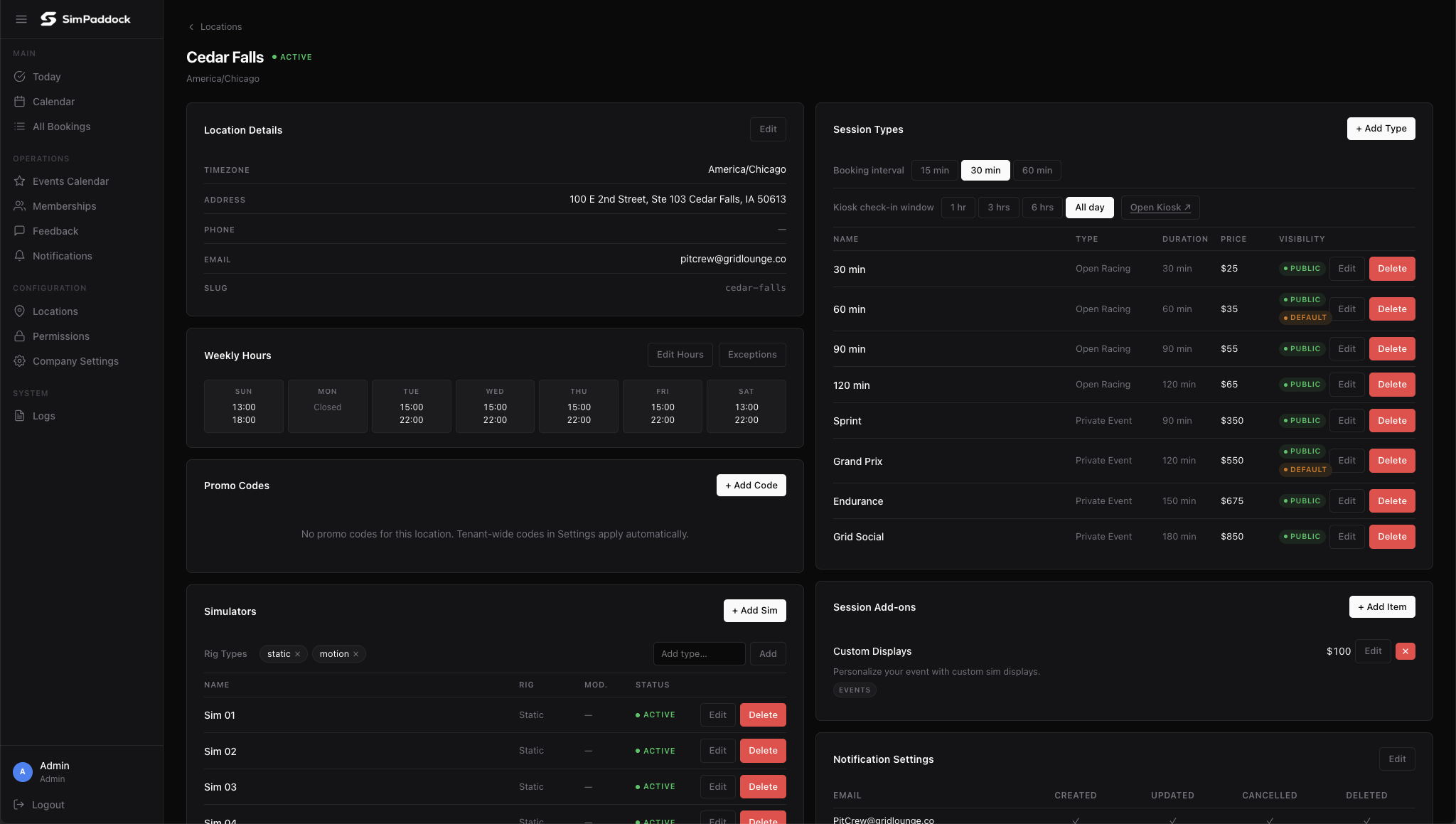 SimPaddock location configuration showing session types, simulators, and weekly hours